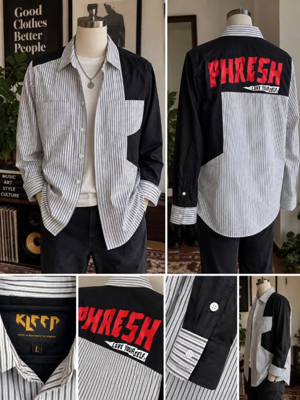 Kleep Phresh Streetwear Button Down Shirt Black White Pinstripe Large NWOT